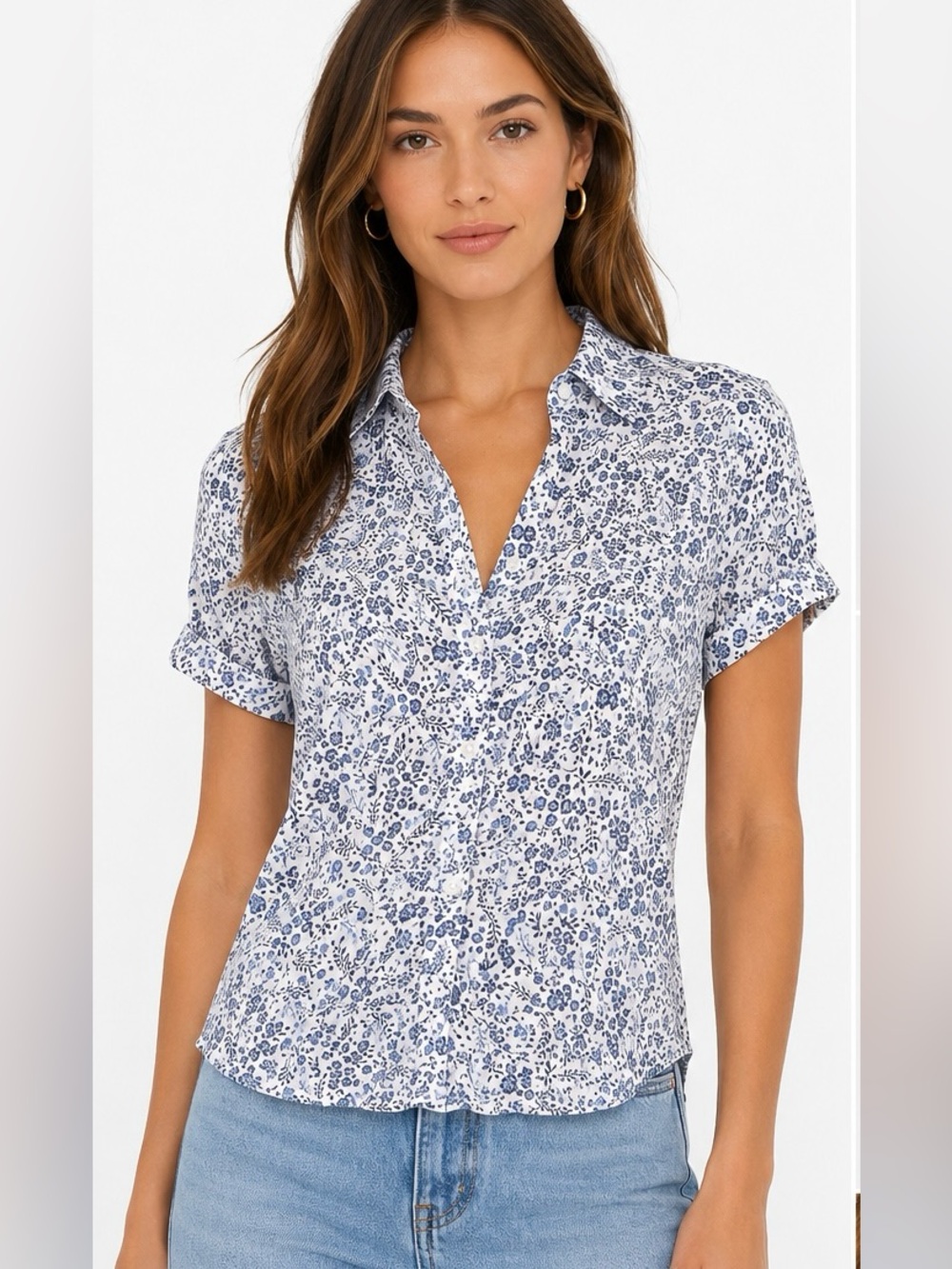 Camaïeu Blue Floral Button Front Blouse Size 42 medium